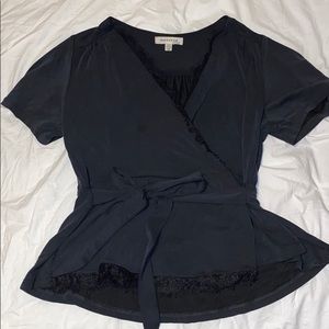 Black Lace-Trimmed Wrap V-Neck Top